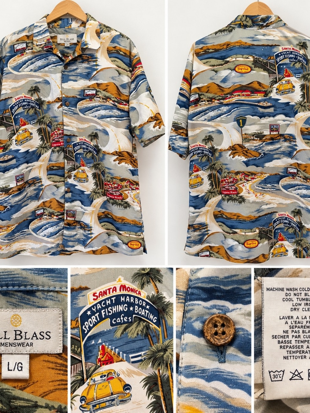 Vintage Bill Blass California Hawaiian Shirt L Malibu Santa Monica Scenic
